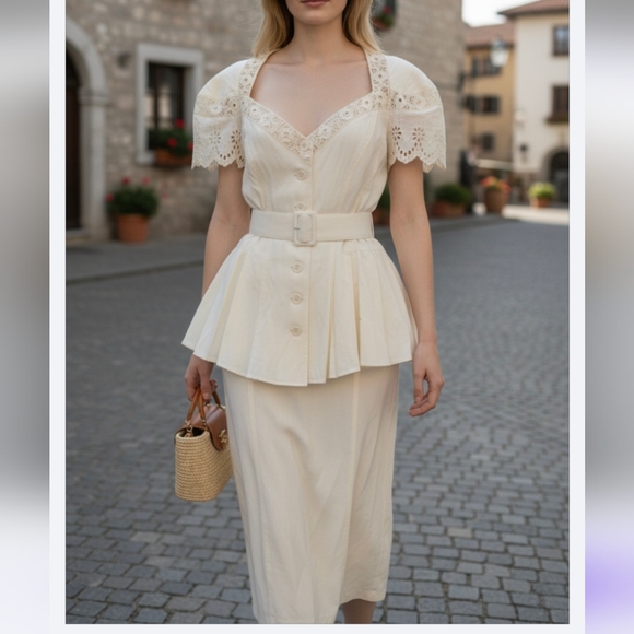 Karen Alexander Vintage Elegant Cream Lace Peplum Set Top+ Skirt - Picture 5 of 8